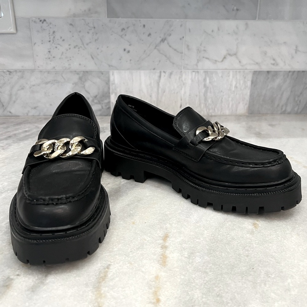 ALDO Brixton Black Platform Loafers Thick Gold Chain Detail Sz 7